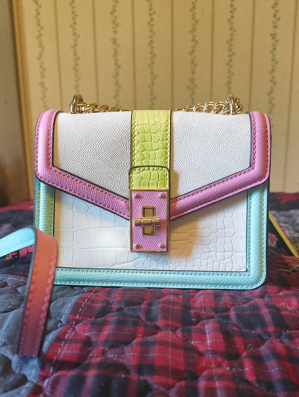 Aldo White Crossbody Bag with Pink, Mint & Lime Trim